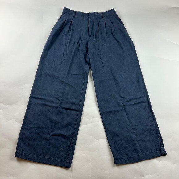 GAP Washed Navy Linen Blend Wide Leg Easy Trouser Pant 8 - Picture 1 of 6